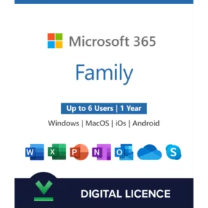 Microsoft Office 365 Family 1 Year Key - Subscription for 6 Users, Compatible with Windows, Mac, Android, and iOS.