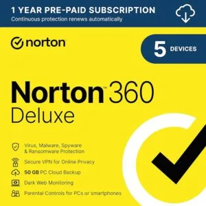 Norton 360 Deluxe Key 1 Year 5 Devices – Includes 50GB Cloud Storage | Instant Digital Delivery & Advanced Security
